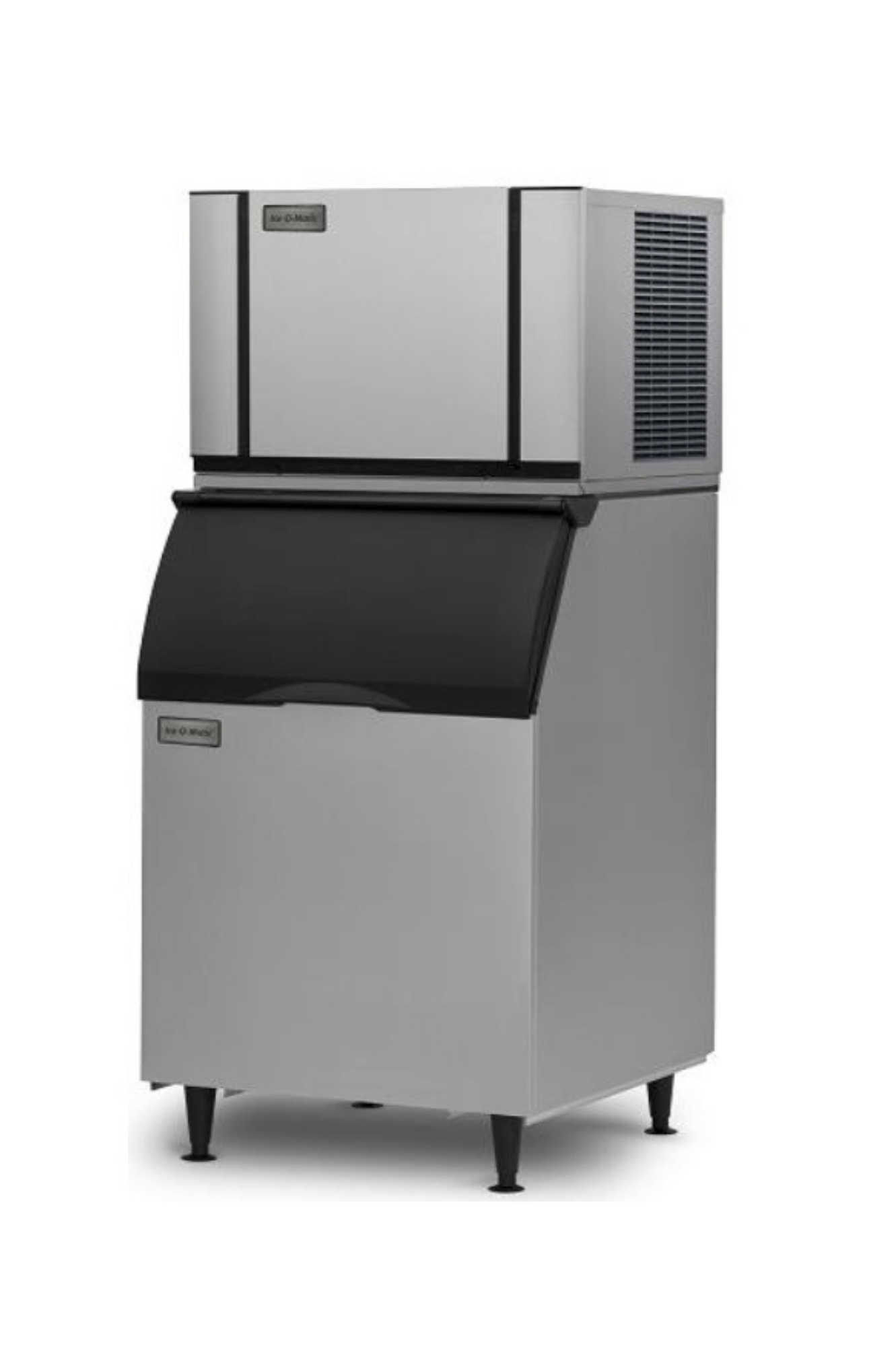 Ice-O-Matic CIM0435FA stainless steel ice maker with a black bin, ventilation grilles, and sturdy legs for commercial use.