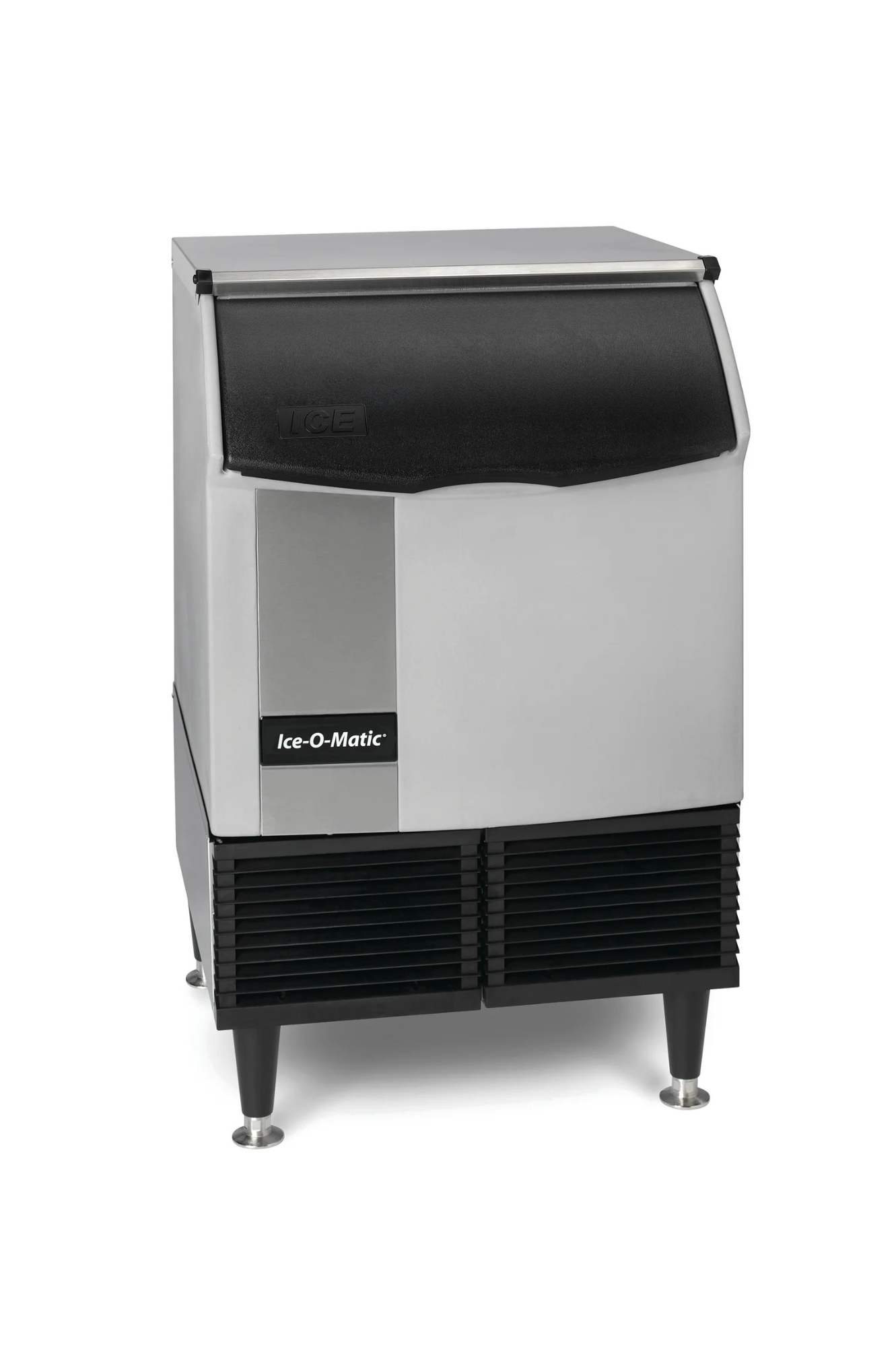 Ice-O-Matic ICEU225F under-counter ice maker with a stainless steel body, black storage bin, and vented front panel on sturdy legs.
