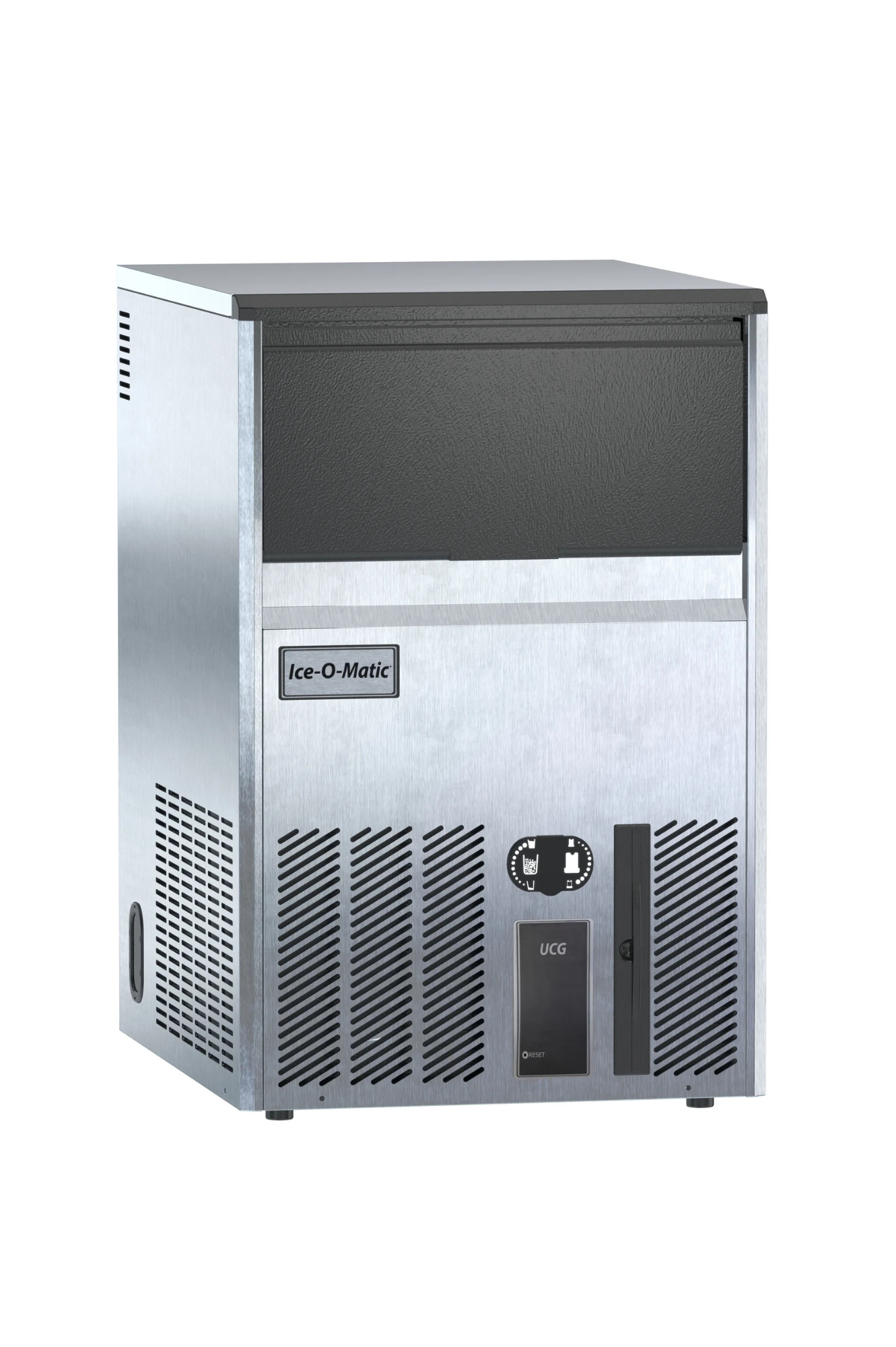 Ice-O-Matic stainless steel ice maker with a black top, ventilation grilles, and a control panel labeled "UCG" on the front.