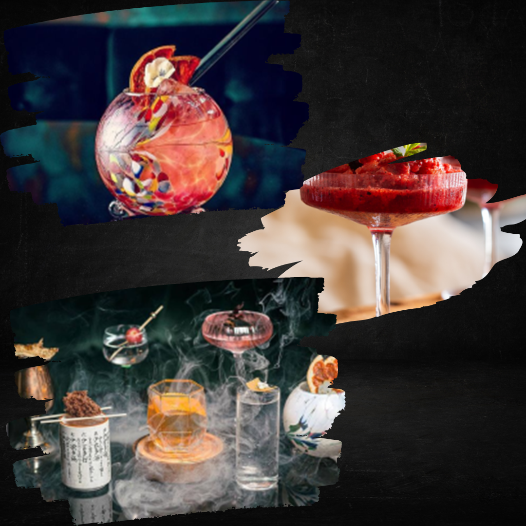 A collage of three cocktails: a colorful round glass, a red coupe drink, and a smoky cocktail setup with various garnishes.
